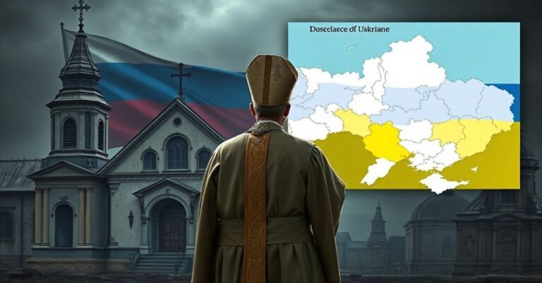 Ksiądz w tradycyjnych szatach przed zniszczonym kościołem na Ukrainie z flagą rosyjską na tle.