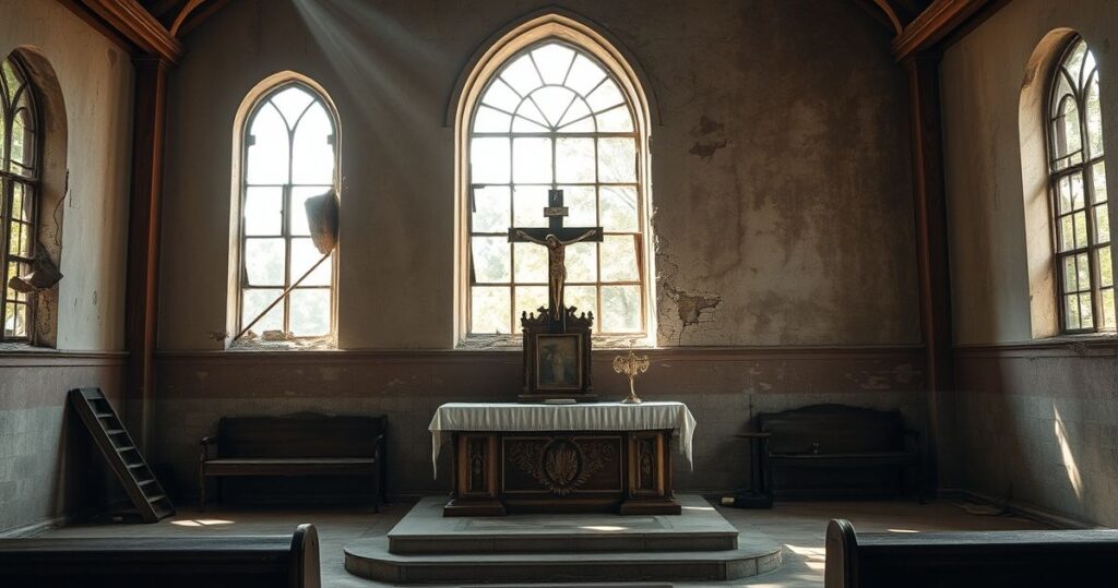 Realistyczne zdjęcie zrujnowanego kościoła na Karaibach z ołtarzem i krzyżem, symbolizujące kryzys duchowy i upadek tradycyjnej świątyni katolickiej.