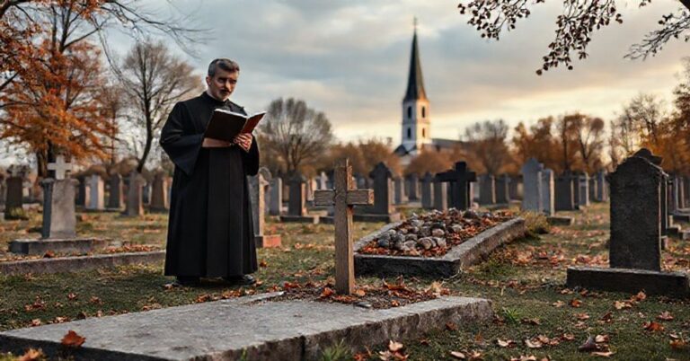 Cmentarz katolicki z tradycyjnym grobem ludzkim i kontrowersyjnym grobem wspólnym dla ludzi i zwierząt w tle, symbolizującym dechrystianizację w Europie.