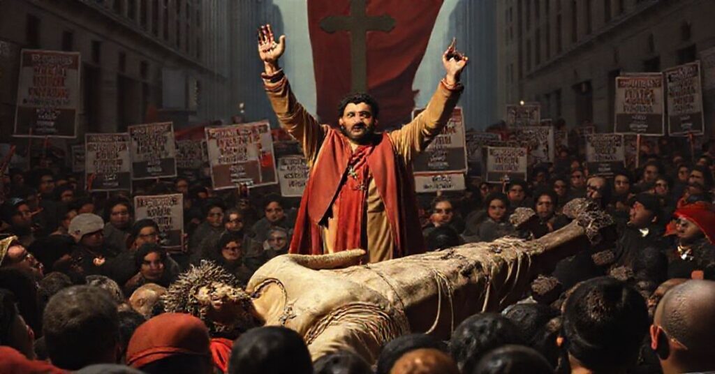 Scena ukazująca zwycięstwo lewicowego populizmu nad królestwem Chrystusa w Nowym Jorku