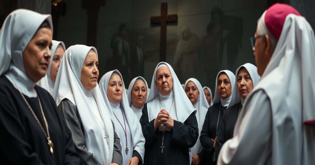 Tradycyjne życie konsekrowane przedstawione jako aktywizm humanitarny w nowoczesnej bazylice w Szczecinie.