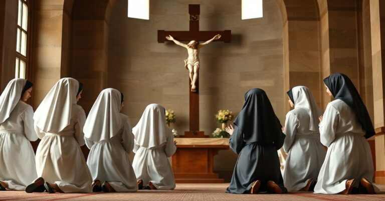 Grupa osób życia konsekrowanego w modlitwie przed krzyżem, symbolizująca pogłębioną wiarę i tradycyjne wartości katolickie.