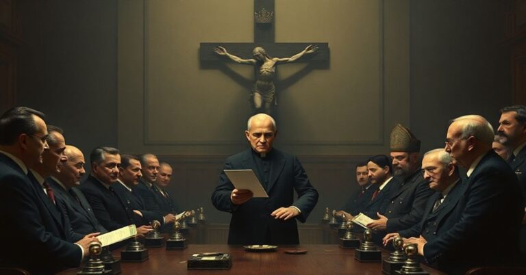 Scena katolicka przedstawiająca Zygmunta Gralińskiego w Sekretariacie Ligi Narodów z krzyżem w tle