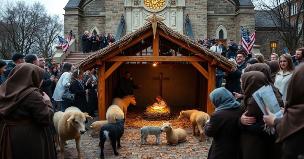 Scena tradycyjnego chrześcijańskiego wydarzenia "Żywej Szopki" przy kościele Franciszkańskim - symbolizuje synkretyzm i brak prawdziwej wiary.