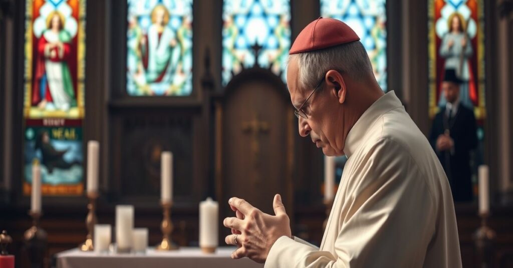 Tradycyjny katolicki ksiądz w modlitwie przed ołtarzem z ewidentnym smutkiem i troską na twarzy w środowisku kościelnym; na tle rabini Michael Schudrich i Pinchas Goldschmidt w dialogu bez odniesienia do Chrystusa.